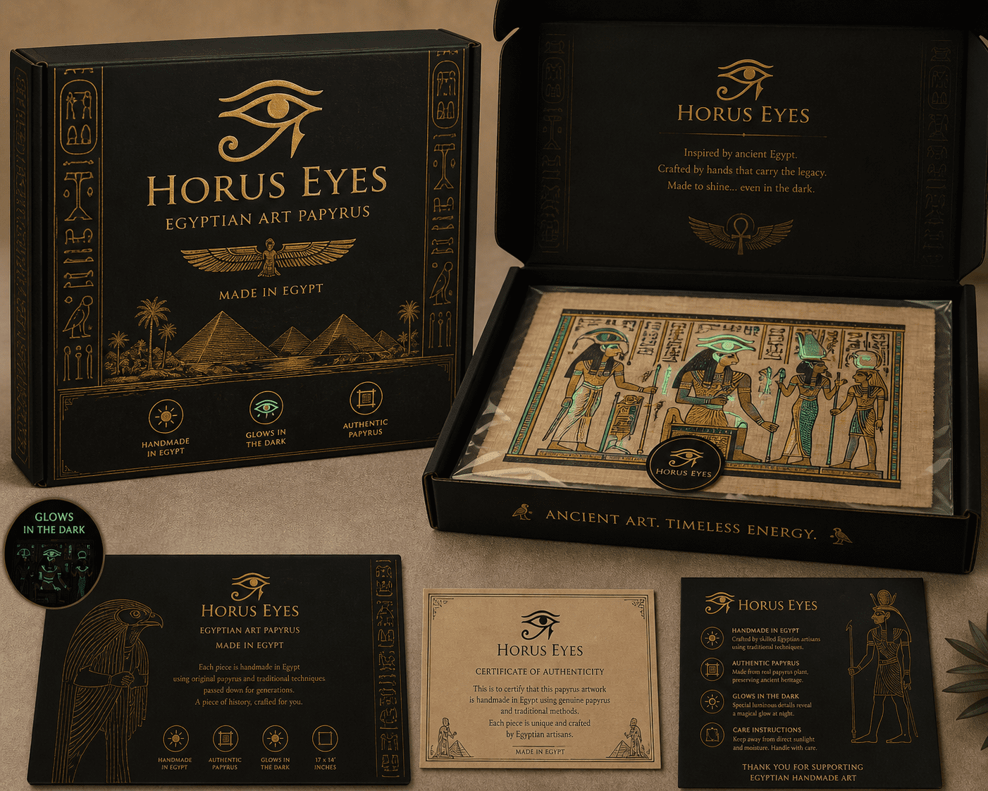 Horus Eyes gift box — black and gold Egyptian art papyrus packaging