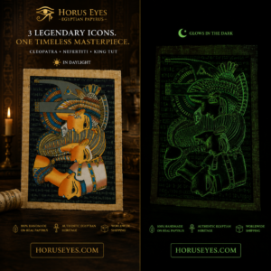 3 Legendary Icons Papyrus Ad Copy Primary Text: Three legendary rulers. One glowing masterpiece. ✨ Bring the magic of Ancient Egypt into your space with our handmade glow-in-the-dark papyrus featuring Cleopatra, Nefertiti & King Tut. By day — authentic Egyptian art. By night — a glowing conversation piece. ✔ Handmade on real papyrus ✔ Glows in the dark ✔ Authentic Egyptian craftsmanship ✔ Worldwide shipping Discover timeless Egyptian heritage at HorusEyes.com